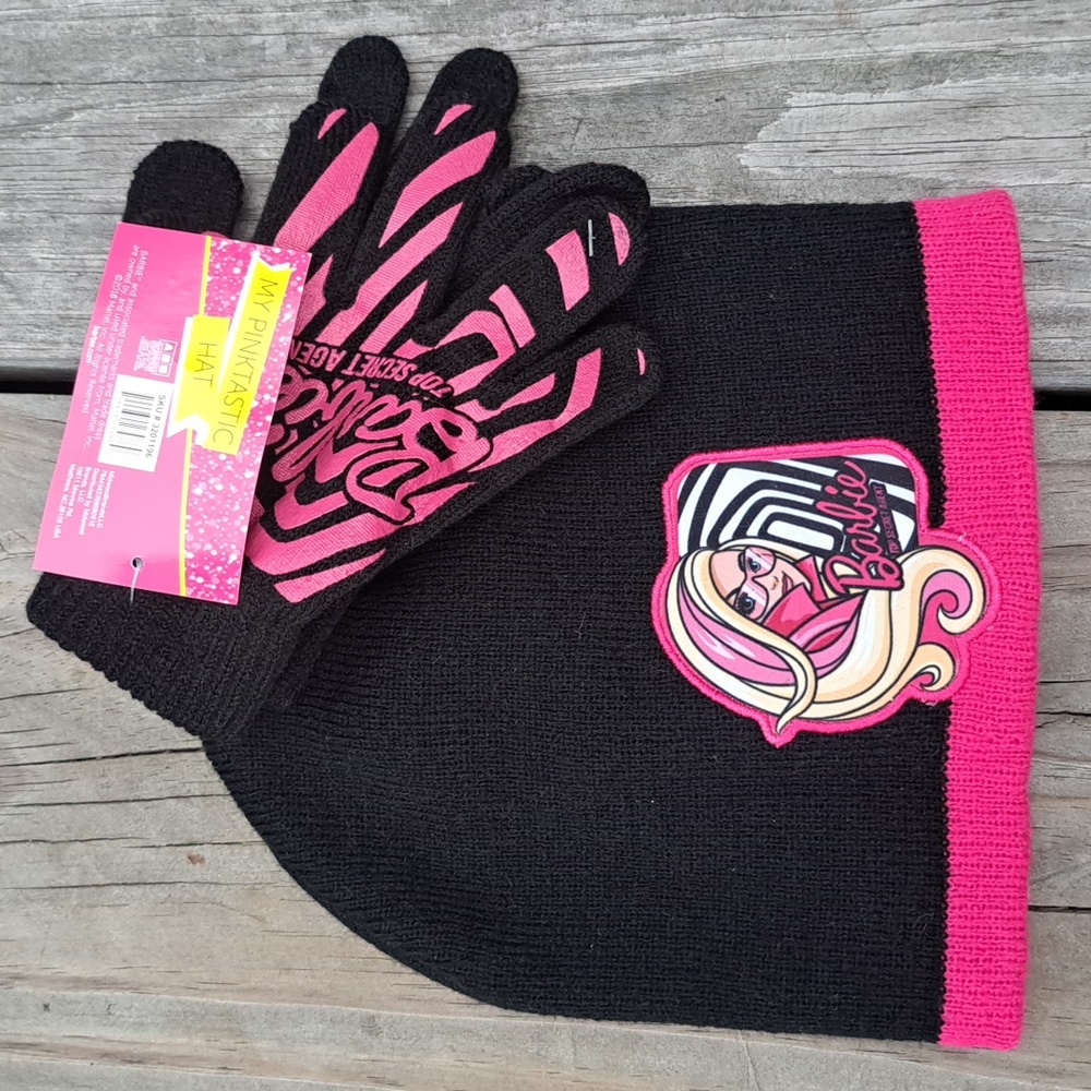 BARBIE Girls Beanie & Gloves Gift Set Black/Pink NIP